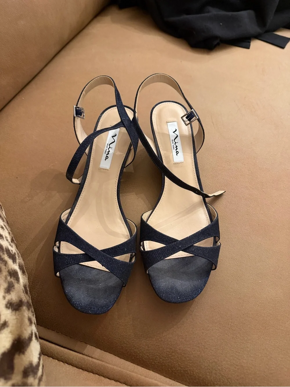 Nina Navy Metallic Strap Open-Toe Slingback Wedges